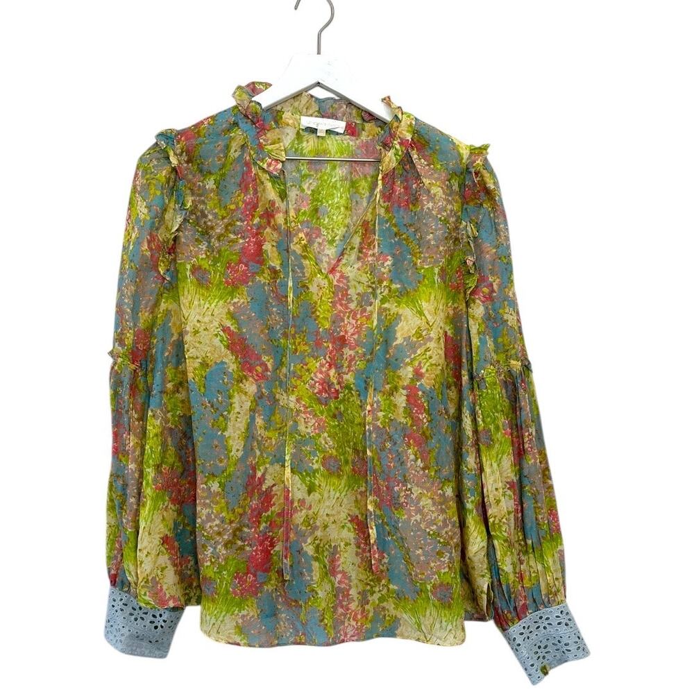 LoveShackFancy Floral Ruffle Blouse Cotton Silk Sheer Romantic Top Size Large